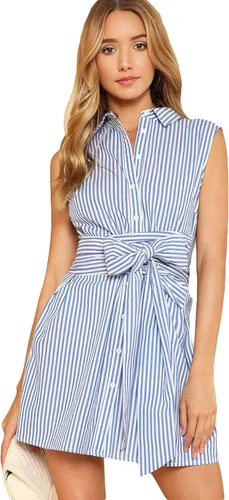 Romwe Vestido camisero corto a rayas de verano para mujer con cinturón con botones al cuello