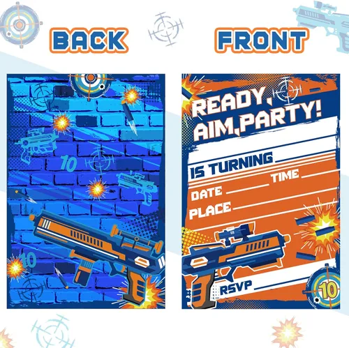 Vista 3 de MSNOR - Paquete de 30 invitaciones de guerra de dardos, suministros para fiesta de cumpleaños, pistola Nerf, invitaciones de fiesta temática