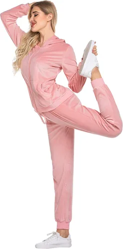 Vista 2 de HOTOUCH Conjunto de chándal casual de terciopelo para mujer, con cremallera completa, sudadera con capucha y pantalones largos de entrenamiento