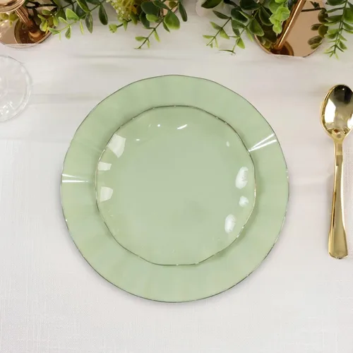 Vista 36 de Efavormart 10 Pack Platos redondos de plástico negro de 6" para postre y ensalada, platos desechables para aperitivos con borde ondulado dorado