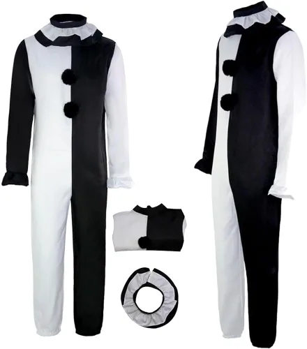 Vista 8 de ACEOROWO Terrifier - Disfraz de payaso negro y blanco, traje de asesino Terrifier para Halloween, con máscara
