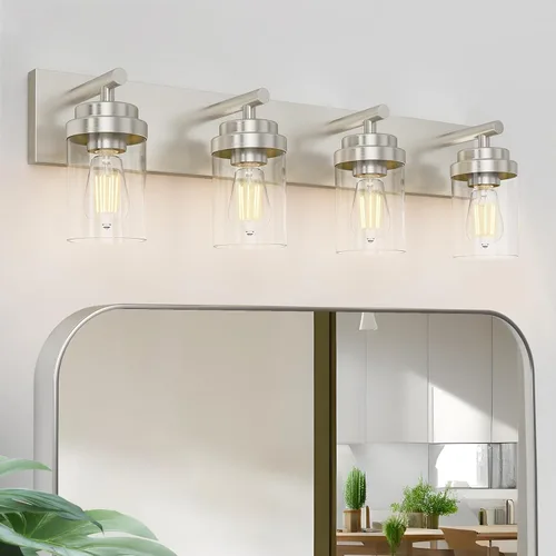 Vista 13 de IZORRO Lámpara de tocador de baño, 3 luces de 22 pulgadas de níquel cepillado sobre espejo, con pantalla de vidrio blanco, luces modernas de tocador