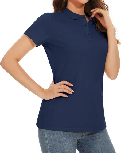 Vista 3 de MAGCOMSEN Camisas polo de algodón para mujer, de manga corta, con 3 botones, cuello de verano, camisas casuales de negocios