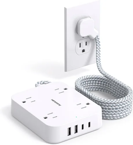 Vista 12 de Cable de Extensión con Enchufe Plano, HANYCONY Regleta de 5 pies con 4 Puertos USB (2 USB C), Extensor de 4 Tomas Amplias, Montaje en Pared