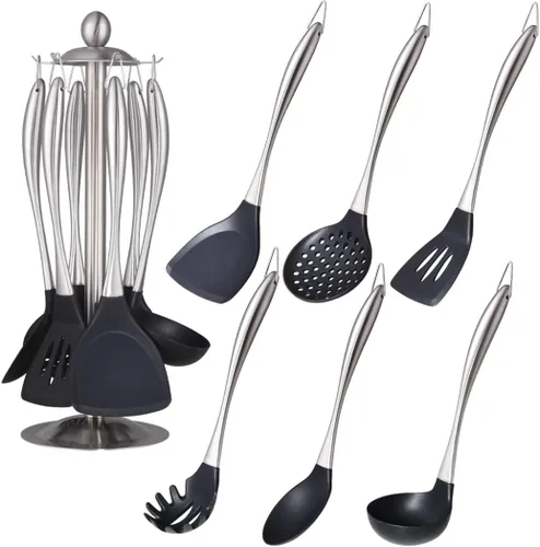 Juego de utensilios de cocina de silicona, 6 piezas de utensilios de cocina de silicona, utensilios de cocina antiadherentes, mango de acero Plateado