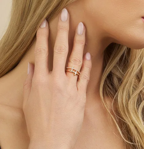 Vista 2 de Barzel Anillo de doble cruz chapado en oro de 18 quilates