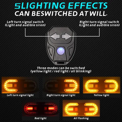 Vista 3 de Luz trasera de bicicleta recargable con señales de giro, carga USB, control remoto, 5 modos de iluminación, señales de giro de bicicleta divididas