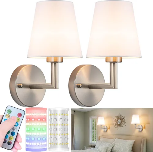 Vista 13 de Nekhung Juego de 2 apliques de pared con pilas, lámpara de pared inalámbrica con bombilla magnética regulable RGB de 10000 mAh, aplique de pared