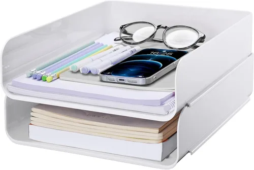 Vista 14 de Tomorotec Juego de bandejas para cartas de escritorio, tamaño A4, organizador de documentos apilable de PET transparente, soporte de papel