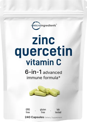 Micro Ingredients Quercetina con vitamina C y zinc, 240 cápsulas | Quercetina 500 mg, vitamina C 500 mg, zinc 50 mg (picolinato, citrato, glicinato,