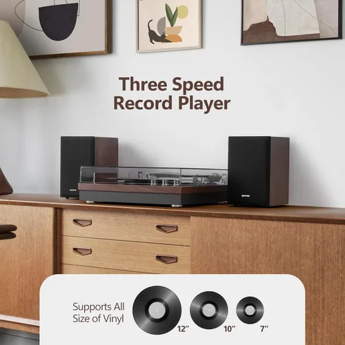 Vista 3 de Tocadiscos, tocadiscos de 3 velocidades con dos altavoces externos de 15 W, entrada Bluetooth, entrada auxiliar, reproducción USB y grabación