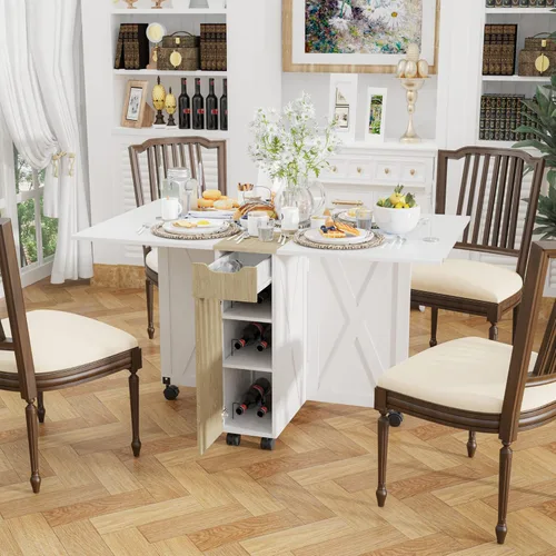 Vista 2 de 3imothrix Mesa de comedor plegable, mesa de comedor con cajón y almacenamiento y estantes, mesa de comedor que ahorra espacio con 6 ruedas, mesa