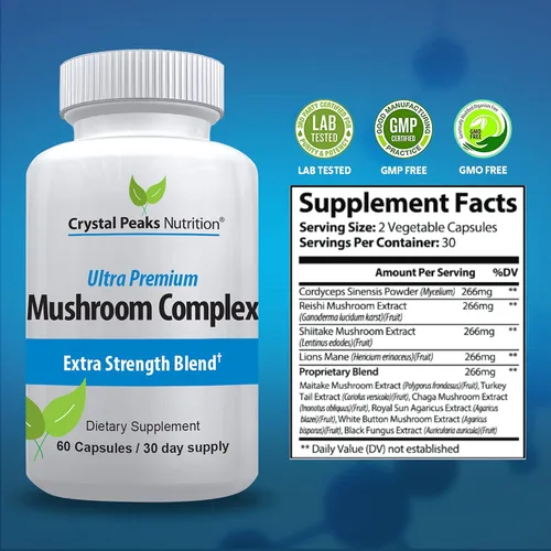 Vista 3 de Mushroom Superfood Master Blend Suplemento de cápsulas de hongos, 10 complejos de hongos y adaptógenos - Melena de león, chaga, cordyceps, extracto