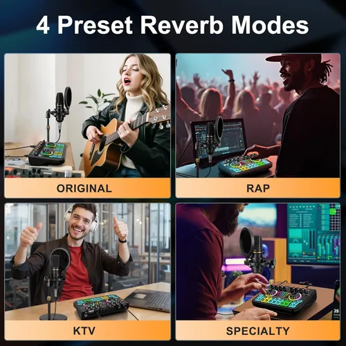 Vista 4 de Paquete de micrófono para podcast con mezclador de audio de tarjeta de sonido en vivo, paquete de equipo de podcast con dos micrófonos