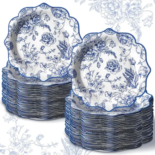 Vista 8 de 100 platos de papel florales azules, desechables, para bebé, despedida de soltera, suministros de fiesta, platos de postre florales, bandeja
