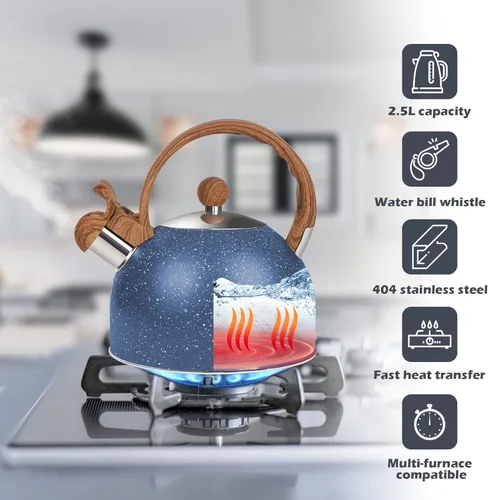 Vista 4 de Hervidor de té silbante para estufa, calderas de agua de acero inoxidable de 2.6 cuartos de galón para estufas, hervidor de piedra de inducción