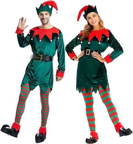 Megartico Disfraz de elfo de Papá Noel para adultos, juego completo de fiesta de cosplay verde para la familia