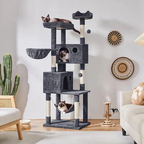 Vista 3 de Yaheetech - Árbol para gatos de 64.5 pulgadas con poste rascador, cama para gatos con cubierta de felpa y hamaca, plataforma, percha para gatos