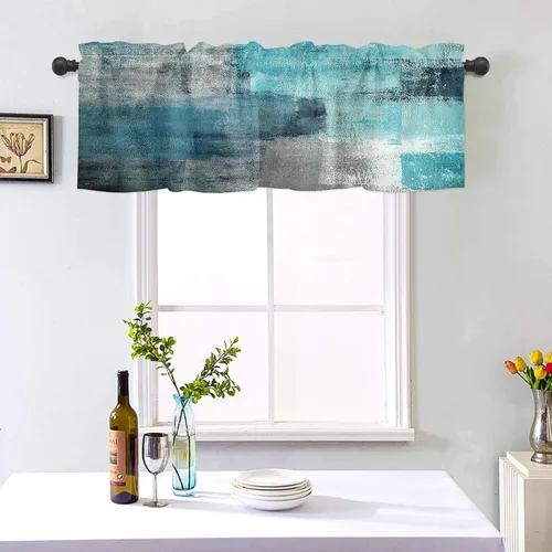 Vista 3 de Cenefas de cocina turquesa con arte abstracto para ventanas, tratamiento de ventana de granja, cenefas con bolsillo para barra, cenefa de cortina