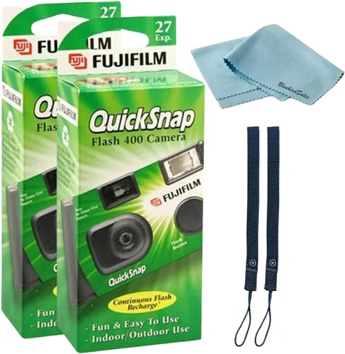 Cámara desechable Fujifilm QuickSnap Flash 400 de 35mm • Paquete de 2 • 2 correas para la mano • Paño de limpieza de microfibra BluebirdSales