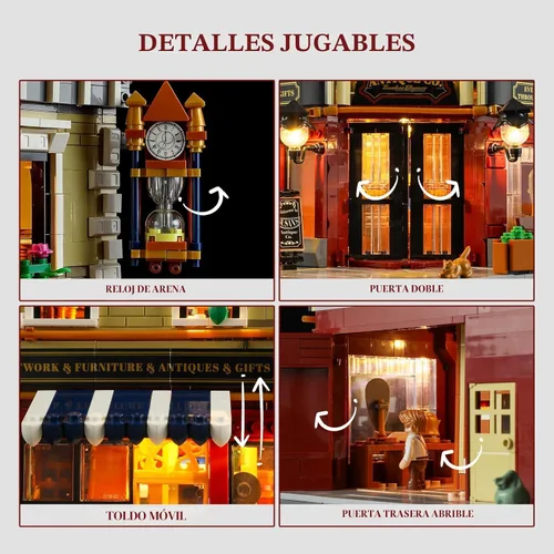 Vista 4 de FUNWHOLE Antique-Store - Juego de ladrillos de construcción de iluminación - City Town Corner Collectibles Shop LED Light Modular Building Model Set