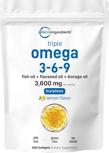 Ultra Omega 3-6-9 3600 mg por porción, 300 cápsulas blandas sin eructos | Sabor a limón - Mezcla de aceites de pescado, linaza y borraja | Fuente