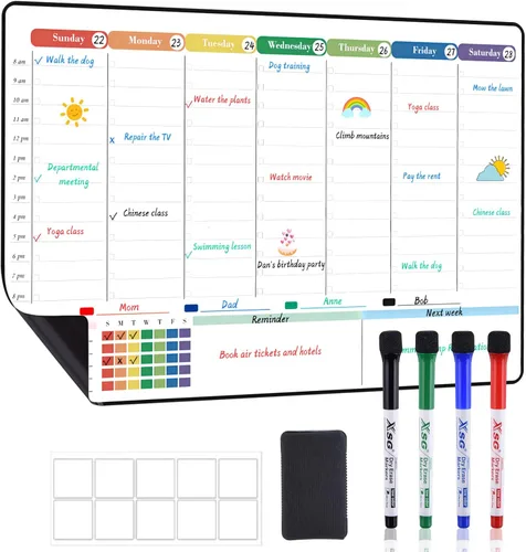 Vista 8 de POPRUN Paquete de 2 calendarios de borrado en seco de 16.5 x 11 pulgadas, tablero de planificación autoadhesivo semanal y mensual con ranuras