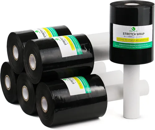 BOMEI PACK Paquete de 6 mini rollos elásticos industriales negros con asa, 5 pulgadas x 1000 pies, calibre 80 para servicio pesado, envoltura de