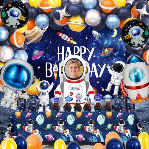 Vista 3 de Outer Space Theme Birthday Party Decorations - Galaxy Party Supplies : Happy Birthday Backdrop, Tablecloth, Rocket ，Astronaut Balloons and