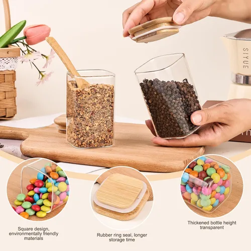 Vista 5 de Tarros de vidrio para especias de 6 onzas con tapa y etiqueta de bambú, paquete de 12 recipientes cuadrados de vidrio, pequeños recipientes