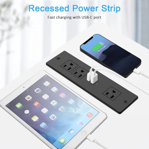 Vista 5 de Regleta de alimentación empotrada, tomacorriente de cajón para muebles con USB-C PD de 20W y USB-A QC3.0 de 18W, enchufe en 3 salidas y puertos USB