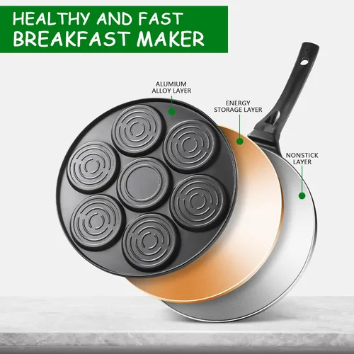 Vista 6 de Sartén antiadherente para hotcakes con diseño de parrilla de 7 moldes, mini fabricante de hotcakes con revestimiento libre de PFOA - Negro