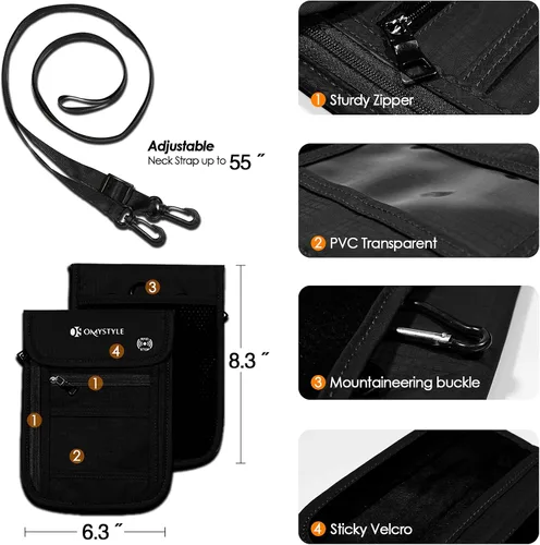 Vista 6 de Soporte para pasaporte con bloqueo RFID, bolsa de viaje para el cuello para mujeres y hombres para mantener efectivo y documentos seguros, Negro