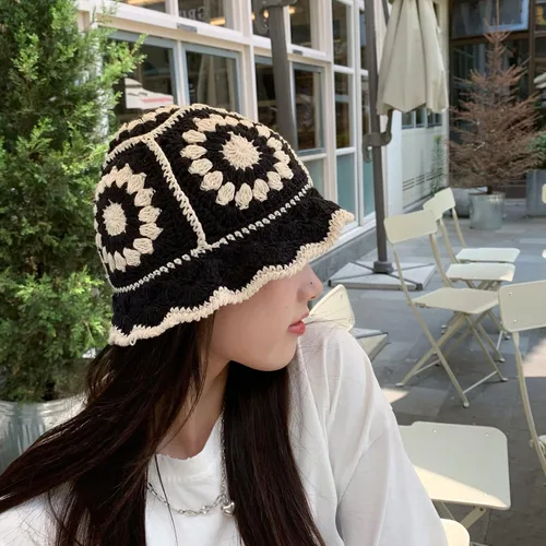 Vista 7 de Sombrero de pescador de ganchillo para mujer, tejido hecho a mano, plegable, flexible, a la moda, lindo, cómodo e informal B-Negro