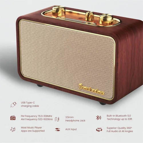 Vista 3 de Altavoz Bluetooth retro de madera, altavoz inalámbrico portátil vintage con placas frontales intercambiables, radio FM, subwoofer y dial giratorio