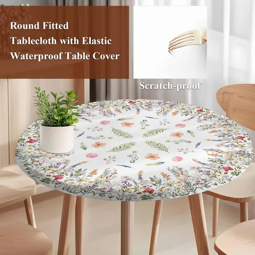 Vista 5 de Mantel redondo ajustable con flores silvestres botánicas, manteles elásticos impermeables para interiores y exteriores, mantel elástico para cena