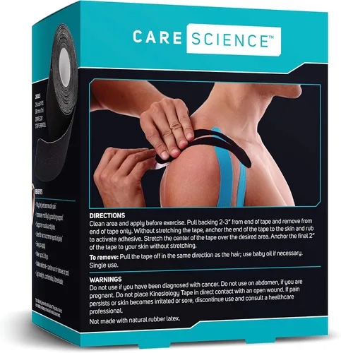 Vista 8 de Cinta de kinesiología impermeable de Care Science, 40 tiras precortadas (2 rollos), negra Cinta elástica para deportes y levantamiento de pesas