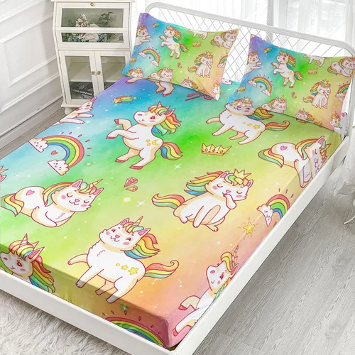 Vista 3 de Juego de sábanas bajeras y sábanas encimeras de 4 piezas con estampado de unicornio arcoíris con 1 sábana encimera y 1 sábana bajera + 2 fundas