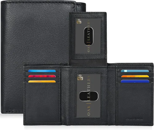 Billetera triple de cuero real para hombre, con bloqueo RFID, bolsillo frontal minimalista, delgada y elegante con ventana de identificación en caja de Oak Leathers