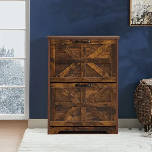 Shoe Cabinet with 2 Flip-Up Drawers, Adjustable Wooden Shoe Organizer with Shelf, Hidden Storage Cabinet for Entryway, Hallway, Living Room, Brown