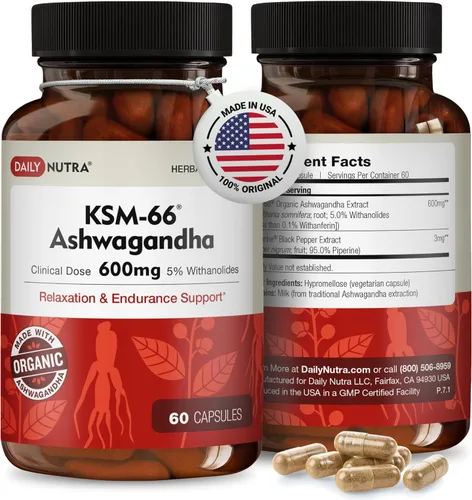 DailyNutra KSM-66 Ashwagandha 600mg Extracto de Raíz Orgánica - Suplemento de Alta Potencia con 5% de Withanólidos | Alivia el Cansancio, Apoya la