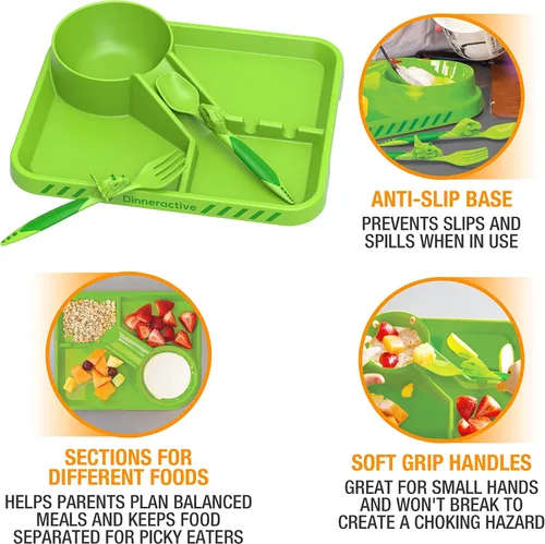 Vista 3 de Juego de vajilla Dinneractive para niños - 3 piezas de vajilla verde de dinosaurios - Utensilios de dinosaurios - Platos para niños pequeños
