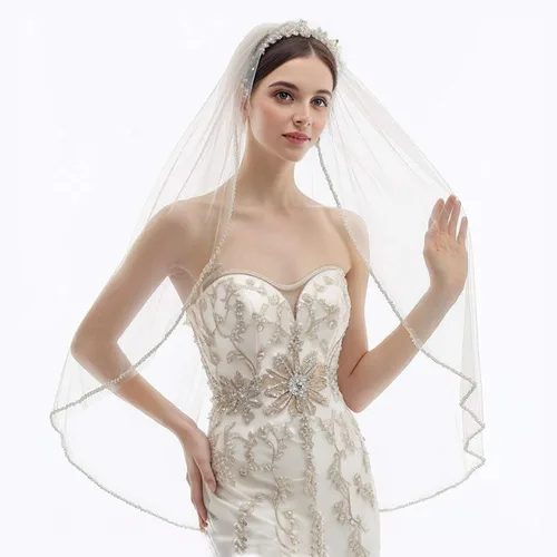 Vista 2 de Wedding Bride Veil 1 Tier Fingertip Length Pearls Crystal Beaded Edge Tulle for Bridal Veils with Comb