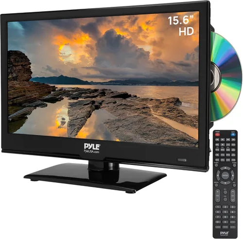 Pyle Televisor de pantalla plana LED de 15.6 pulgadas, TV pequeña de 1080p para RV, automóvil y hogar, HDMI, RCA, combo de DVD con ranuras,