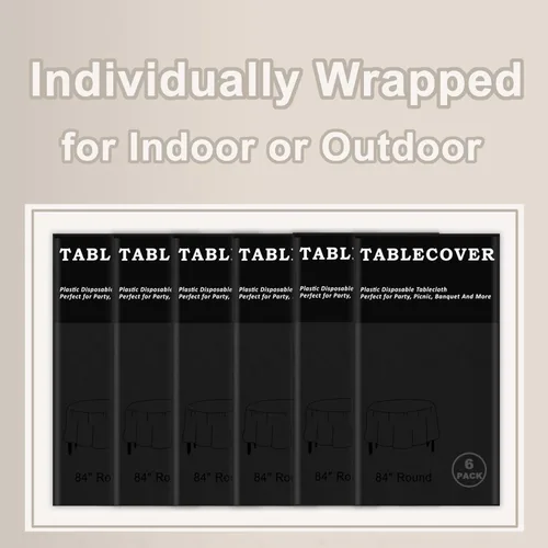 Vista 3 de D&Z - Juego de 6 manteles de plástico desechables, manteles redondos negros envueltos individualmente para interiores y exteriores, cubierta de mesa