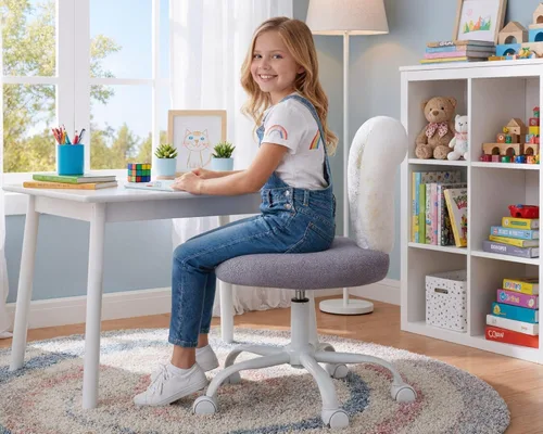 Vista 6 de HNY Silla de escritorio para niños con ruedas, linda silla de tocador de felpa morada con respaldo en forma de corazón ahuecado ajustable, silla