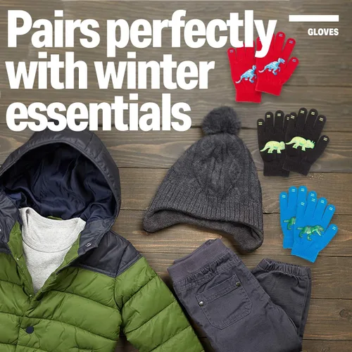 Vista 7 de 3 Pack - Magic Stretch Winter Kids Gloves for Boys, Kid & Children, Toddler - Dino, Camo, Trucks