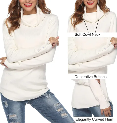Vista 2 de LYHNMW Suéteres de cuello alto para mujer, cuello alto, manga larga, ligero, elástico, ajuste holgado, suéter cálido