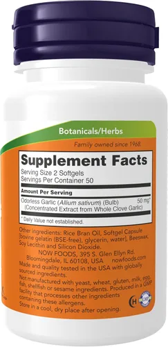 Vista 2 de NOW Suplementos alimenticios, ajo inodoro (Allium sativum), extracto concentrado, 100 cápsulas blandas