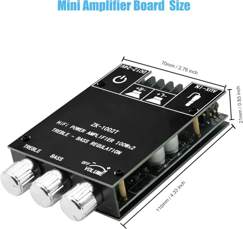 Vista 3 de ZK-1002T Placa de amplificador Bluetooth de 100 W+100 W con control de agudos y graves, placa de amplificador de audio estéreo mini de 2.0 canales